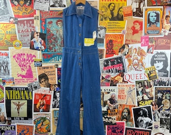 Vintage Women's 70s Real West Sleeveless Bell Bottom Flares Blue Denim Jumpsuit Sz Small, Retro Disco Jean Jumpsuit 27x36 Deadstock Clothing