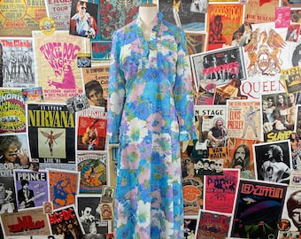 Vintage 60s-70s azul y púrpura Lamé brillo floral flor estampado manga larga cuello volante Maxi vestido tamaño 4/6, vestido de cóctel retro de los años 60