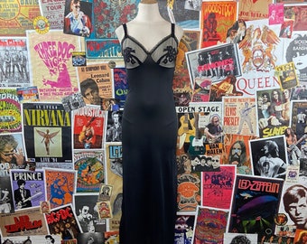 Vestido largo lencero de nailon negro transparente para mujer, estilo vintage de los años 70, de JCPenney, talla XS, lencería retro estilo boudoir de los años 70, combinación larga negra con tiras