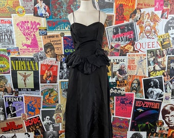 Vintage Women's 70s-80s Plain Black Strappy Ruffle Peplum Bow Party Dress Size XS, Retro Black Formal Cocktail Evening Prom Homecoming Dress