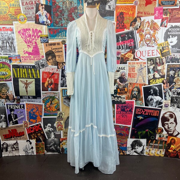 Vintage Women's 70s Blue & White Bishop Sleeve Gunne Sax by Jessica Voile Corset Lace Up Maxi Cottagecore Dress Size 0/2 XS, Retro Spring