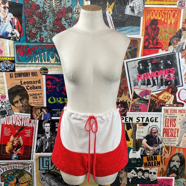 Vintage Womens Retro 70s Red & White Polka Dot Print High Rise Lined Maternity Swimwear Shorts, Pregnant Maternity Summer Clothing