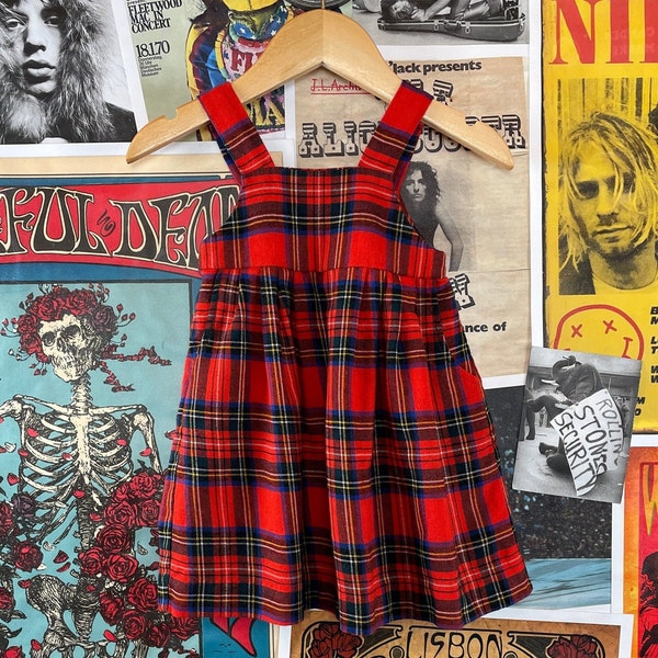 Vintage Kids Baby Girls 80s-90s Red Plaid Floriane France Wool A-Line Sleeveless Jumper Pinafore Dress Size 3-6 Months