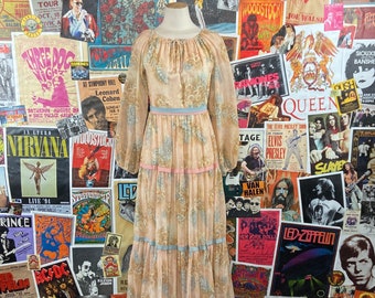 Vestido maxi vintage para mujer, años 70, estampado floral en tonos pastel melocotón, manga larga transparente, XS, estilo retro, estilo cottagecore, bohemio, para fiesta en el jardín.