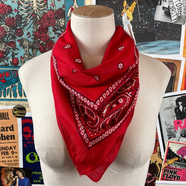 Vintage Red Paisley Colorfast All Cotton RN 13960 Paris Bandana Handkerchief, Red Western Rodeo Cowboy Hanky Rockabilly, 70s Bandana