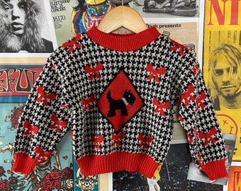 vintage Toddler Girls 80s Houndstooth Plaid Scottie Dog Print Knit Pullover Sweater Taille 2/3T, 80s Girls Sweater, Scottish Terrier