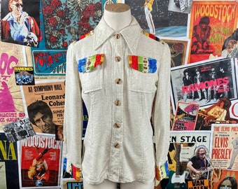 Vintage Women's 70s Linen Ruched Pintuck Rainbow Striped Patchwork Long Sleeve Boho Hippie Blouse PXS Petite XS, Retro Hippie Shirt