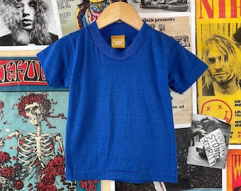 Vintage Toddler Kids 70s-80s Plain Solid Blue Screen Stars Short Sleeve Blank Crewneck T-Shirt 2T, 70s Boys Girls Single Stitch Tee Top