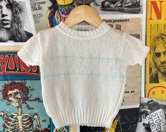 Vintage Baby Kids 50s-60s White and Blue Knit Short Sleeve Pullover Sweater Top 12-18 Month, 60s Baby Boy, 60s Kids Vintage, Baby Knit Shirt