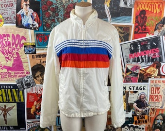 vintage Enfants ou Femmes des années 70-80 Blanc Rayé Pacific Trail Zip Up Veste en nylon à capuche, Coupe-vent des années 80 Taille Enfants 18 Âge 12-14 ou Femmes XS