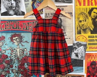 Vintage Kids Baby Girls 80s-90s Red Plaid Floriane France Wool A-Line Sleeveless Jumper Pinafore Dress Size 3-6 Months