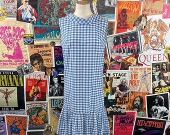 Vintage Women's 60s-70s Blue & White Gingham Plaid Portrait Collar Sleeveless Drop Waist Sundress Size 4, Retro 70s Summer Picnic Tea Dress