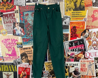 Vintage Girls Kids 90s Dark Green Tapered Chic USA High Rise Denim Jeans Size 14, 90s Girls All Cotton Mom Jeans Pants, 90s Kids Clothing