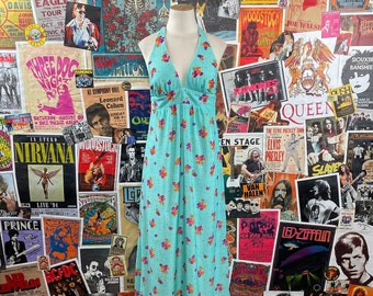 Vintage Women's 70s Teal Blue Floral Print Empire Waist V-Neck Halter Maxi Dress Size Small, 70s Halter Sundress Backless Size 4