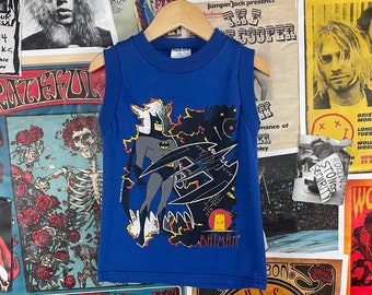 Vintage Toddler Kids 90s 1994 Blue Sleeveless DC Comics Batman Cartoon Graphic Tank Top 4T, 90s TV Show Boys Clothing, Batman Comic Shirt