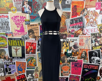 Vintage Women's 90s Sexy Black Cutout Spandex Sleeveless Bodycon Halter Neck Maxi Dress Size 6 Small, 90s Homecoming Cocktail Dress