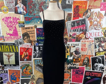 Vintage Women's 90s Black Velvet Rhinestone Bust Spaghetti Strap Rampage Midi Dress Size Small, 90s Homecoming Prom Party Dress