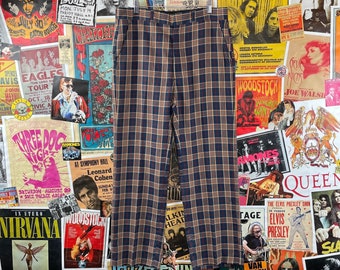 Vintage Men's 70s Navy Plaid Haggar Trousers Pants 35x29, 70s Menswear Clothing, 35" Waist, Retro Mens Mod Preppy Flat Front Trouser