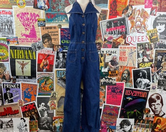 Vintage Women's 1970s V-Neck Collared Sleeveless Denim Bell Bottom Flares Jumpsuit, 70s Denim Jumpsuit, 70s Jean Jumpsuit, 70s Jumpsuit