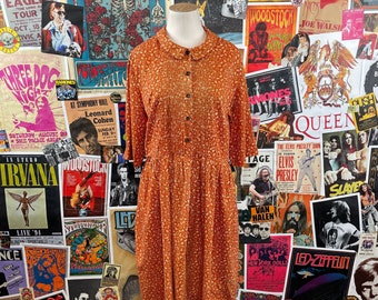 Vintage Women's 50s-60s Orange Floral Calico Print Pintuck Shirtwaist Dress, 60s Day Dress, Floral Day Dress, 60s Shirt Dress