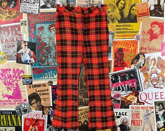 Vintage 60s-70s Handmade Red Tartan Plaid Mid Rise Button Fly Bell Bottom Flares 30x26, Retro Punk Goth Pants, Plaid Trousers 30" Waist