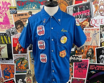 Vintage Men's 70s Blue Chain Stitched Mutual & United Omaha Chief Head 'Don' Patches King Louie Bowling Shirt Sz Large, Retro Bowling Team