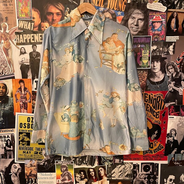 Vintage Men's 1960/70s Norman Rockwell Art Novelty All Over Print Disco Shirt