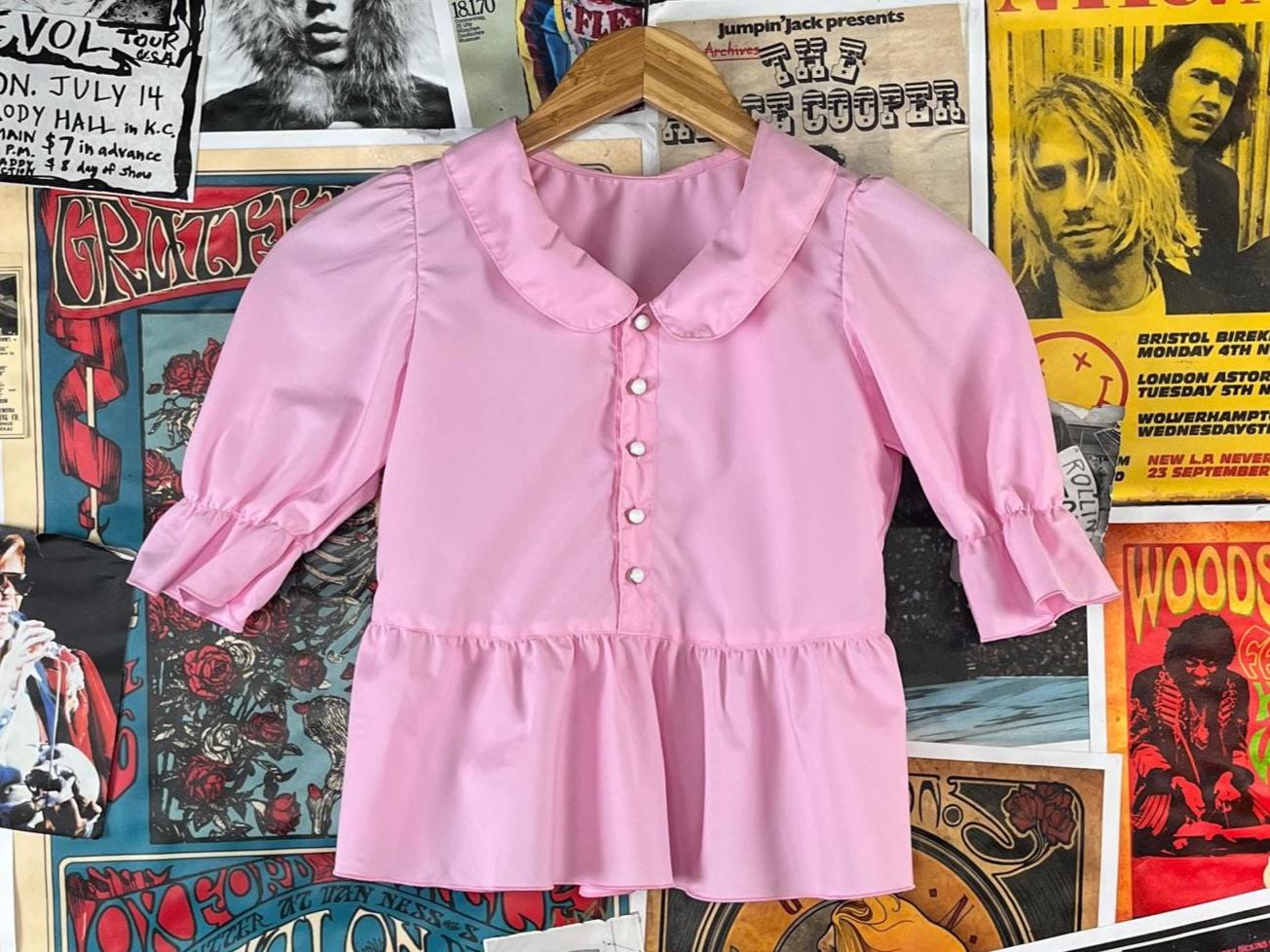 Vintage Girls 1980s Light Pastel Pink Collared Half Sleeve Peplum