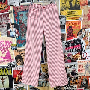 Vintage 70s Women&#39;s Red & White Striped Straight Wide Leg JCPenney Fashions Trouser Pants 26x29 Retro Candy Stripe Groovy Mod Hippie