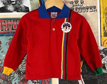 Vintage Baby Boy Kids 80s-90s Red Long Sleeve Color Block Primary Colors Striped Buster Brown Polo Shirt Size 18-24 Months, 90s Kids Top