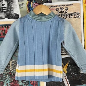 Vintage Toddler Kids Retro 90s Blue Yellow Striped Pleated Pullover Knit Sweater Jumper Top 2T Boys Preppy Mod Clothing