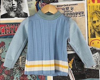 Vintage Toddler Kids Retro 90s Blue Yellow Striped Pleated Pullover Knit Sweater Jumper Top 2T Boys Preppy Mod Clothing
