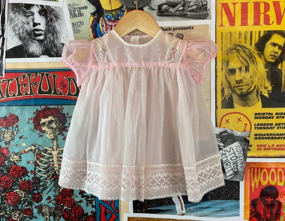 Vintage Baby Girl 1960s-70s Sheer Pink Nylon Lace Puff Sleeve