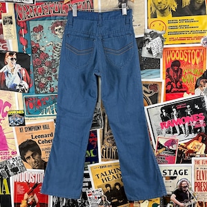 Vintage Kids 70s-80s Blue & Yellow Embroidered Pocket Bootcut Denim Jeans Size 12 Slim Age 9-10, Retro Boys Girls Pants Back to School