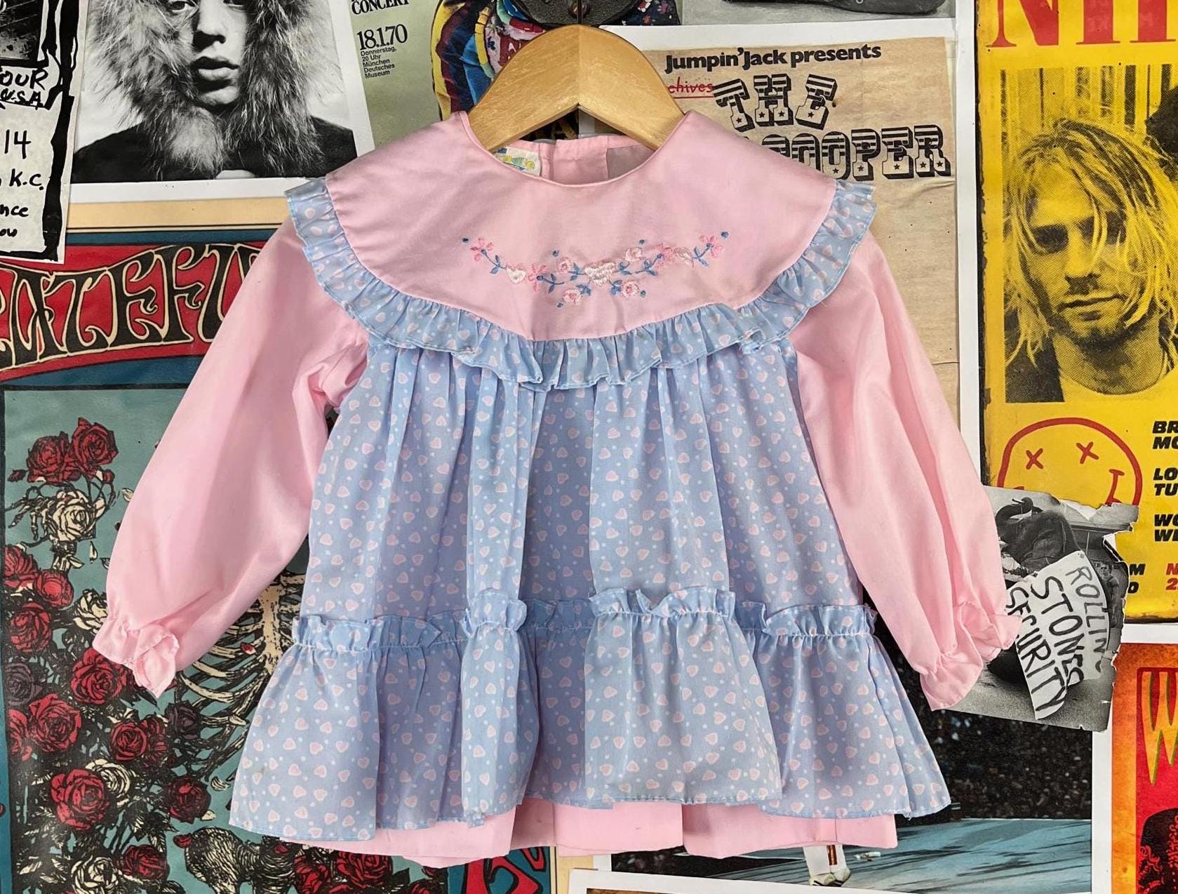 Vintage Baby Girls Kids 80s-90s Pink Blue Embroidered Floral  