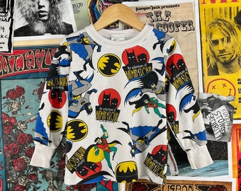 Vintage Kids jaren '90 avonturen van Batman & Robin DC Comics All Over Print lange mouw grafische Crewneck T-shirt maat 6 leeftijd 5-6, jaren '90 cartoon jongen