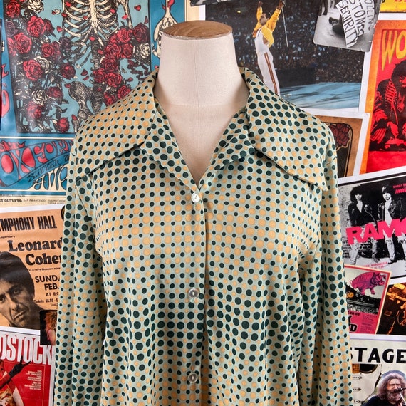 Vintage Women's 60s-70s Green & Tan Mod Polka Dot… - image 2