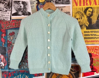 Vintage Kids Girls 50s-60s Pastel Mint Blue Knit Crewneck Cardigan Sweater Size 10 Age 8-9, Retro 50s Girls Spring Easter Top Age 8/9