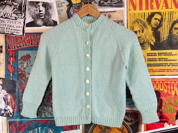 Vintage Kids Girls 50s-60s Pastel Mint Blue Knit … - image 1