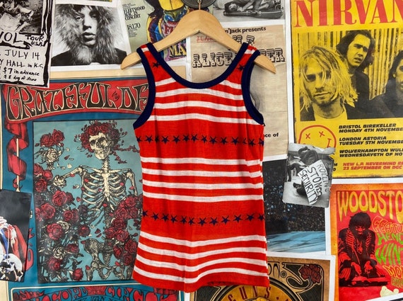 Vintage Kids 60s-70s Red White Blue Stars Stripes Sleeveless Scoop 