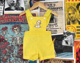 Vintage Baby Kids 70s Yellow Embroidered Baby Duck Health-tex Sleeveless Romper Playsuit 9-12 Months Retro Boy Girl Spring Summer USA