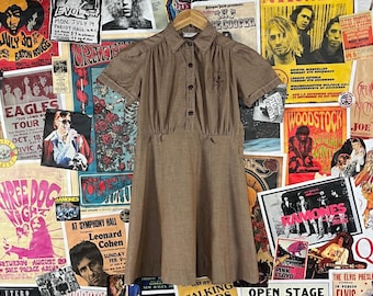 Vintage Girls Kids 50s-60s Khaki Tan GSA Girl Scouts of America Collared Shirtwaist Troop Uniform Dress Size 8 Ages 7-8 USA