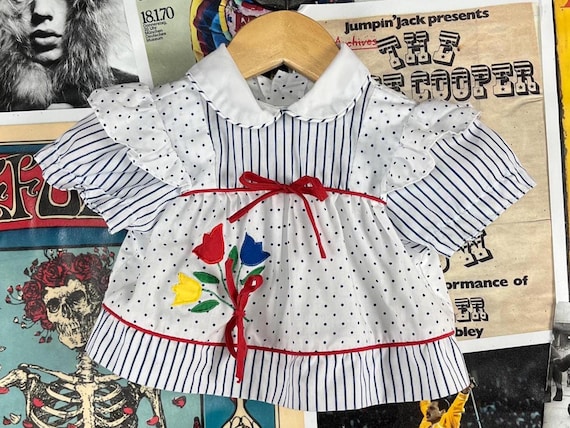 Vintage Baby Girls Kids 80s-90s Blue & White Striped Polka Dot