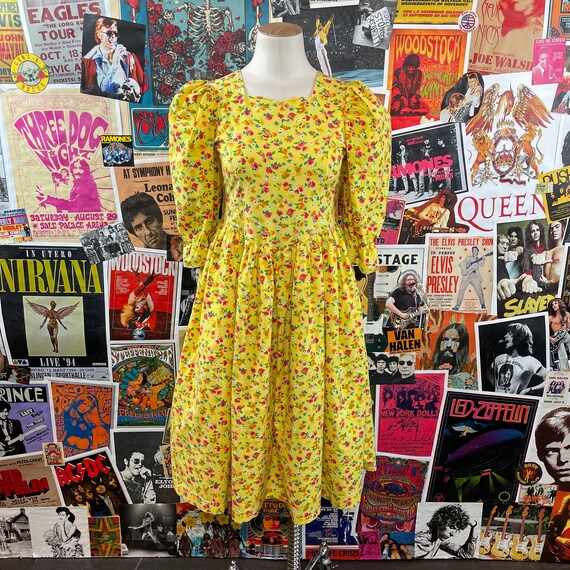 Girls Vintage 70s-80s Yellow Floral Print Puff Sleeve - Etsy