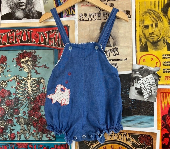 Vintage Baby Girls Kids 60s-70s Blue Chambray Den… - image 1