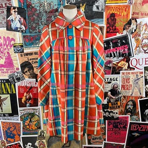 Cappotto vintage da donna anni &#39;60-&#39;70 con colletto a quadri colorati Beene Bazaar, taglia XS, 2, abbigliamento firmato retrò Mod Rainbow