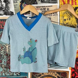 Vintage 80s Toddler Kids Blue Two Tone Teddy Bear Cartoon Ringer Shirt & Shorts Pajama Set Boy Girl 4 Slim Age 3-4 Retro PJs Lounge JCPenney