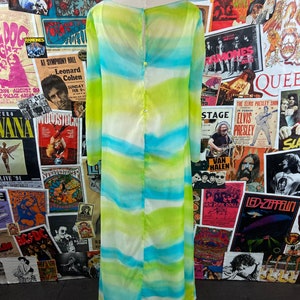 Vintage Women's 60s Green & Blue Watercolor Malia Honolulu Bell Sleeve Maxi Tiki Hawaiian Dress Size Petite 2/4, 60s Hostess Summer Fashion image 7