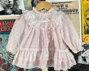 Robe de fête de Pâques à manches longues pour bébés filles vintage des années 70-80 rose clair et blanc, petite dentelle florale à froufrous, printemps 0-3 mois,