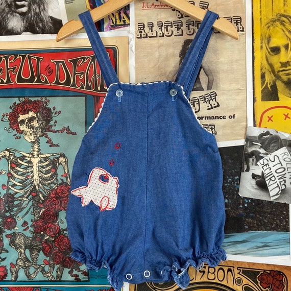 Vintage Baby Girls Kids 60s-70s Blue Chambray Den… - image 9